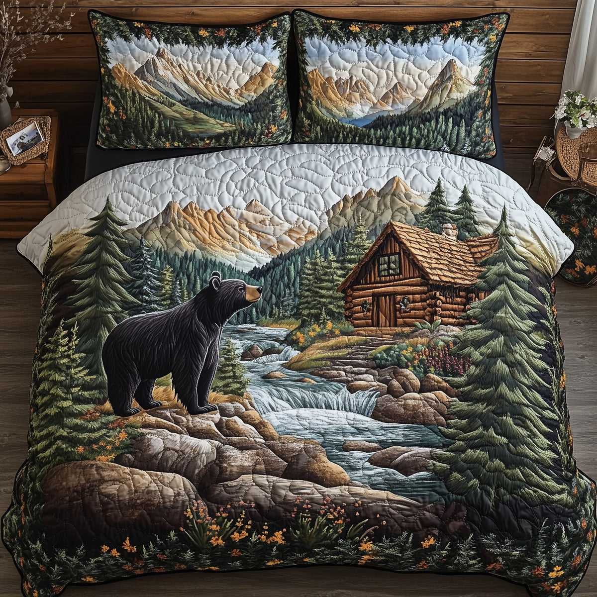 Bear and Cabin 3-Piece Quilted Bedding Set - Design 1 — quilt and two matching pillow shams