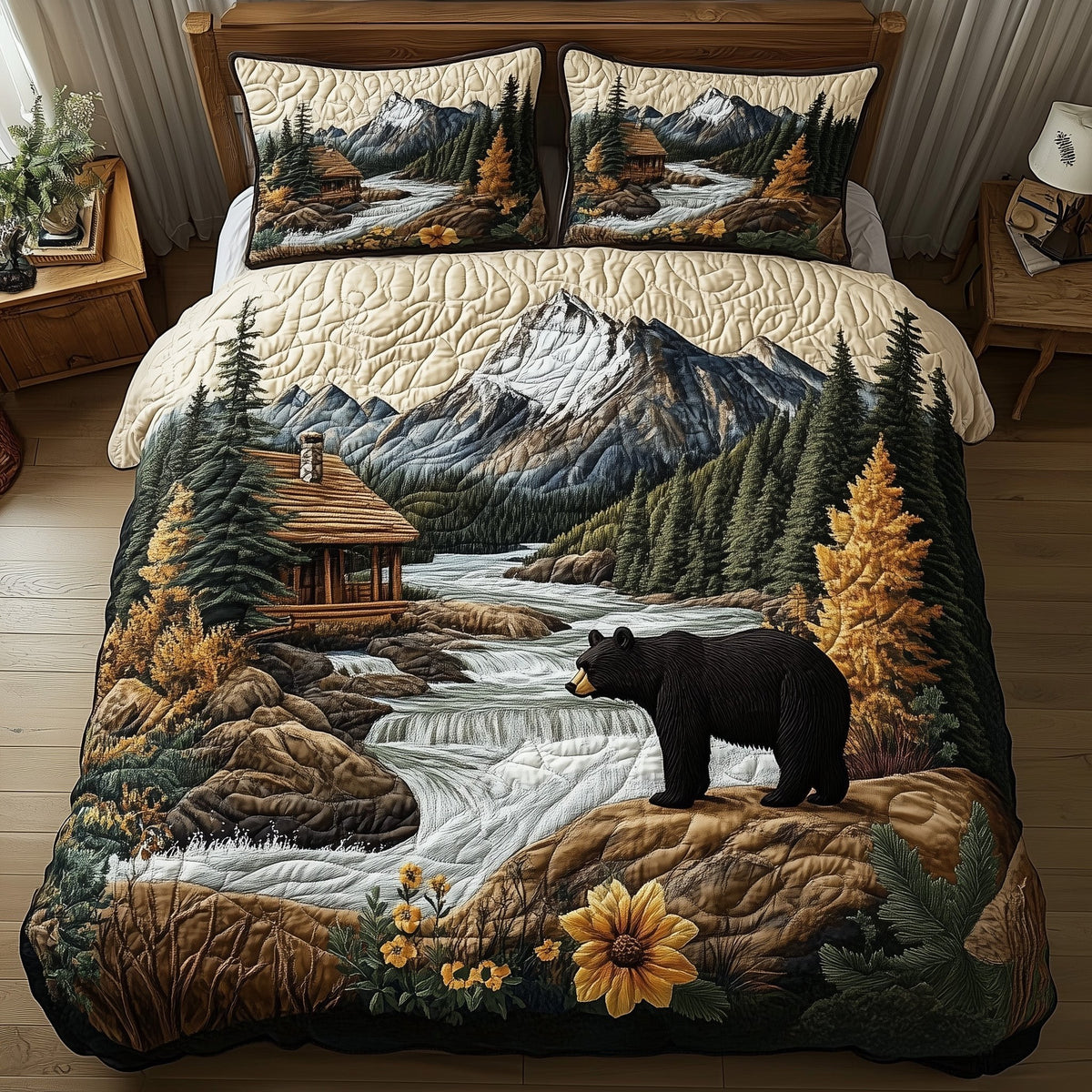 Bear and Cabin 3-Piece Quilted Bedding Set - Design 2 — quilt and two matching pillow shams