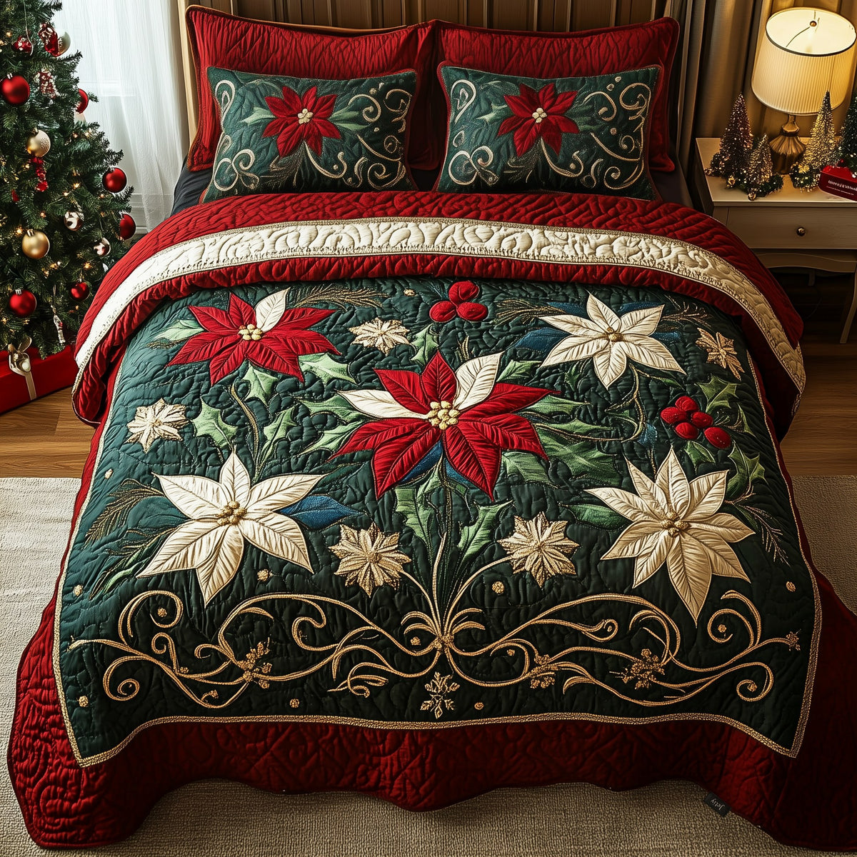 Festive Floral Dream 3-Piece Quilted Bedding Set - Design 6 — quilt and two matching pillow shams