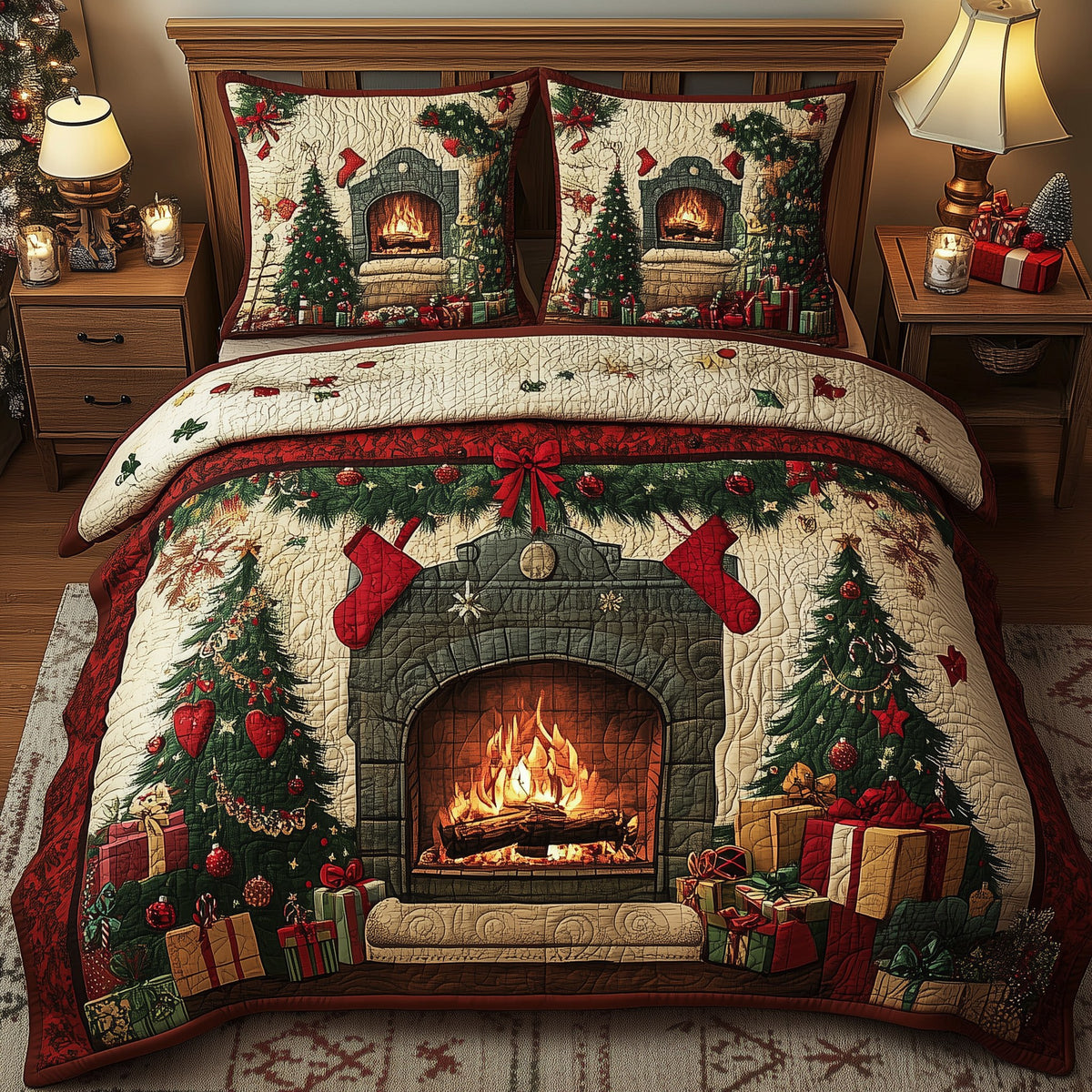 Christmas Cozy Fireplace 3-Piece Quilted Bedding Set - Design 2 — quilt and two matching pillow shams