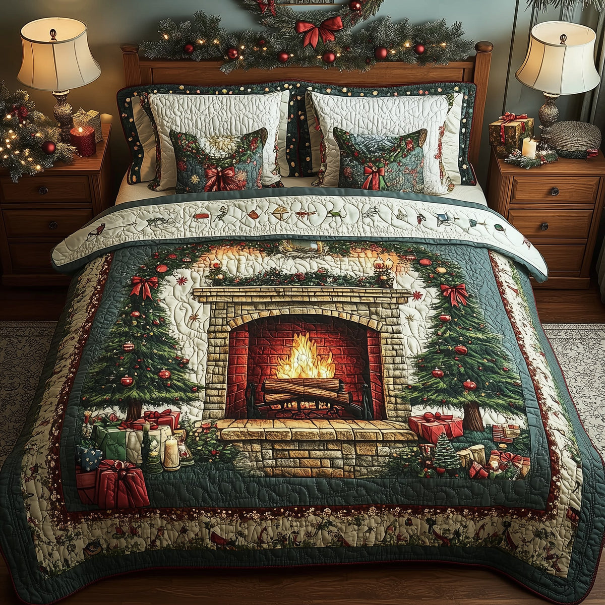 Christmas Cozy Fireplace 3-Piece Quilted Bedding Set - Design 3 — quilt and two matching pillow shams