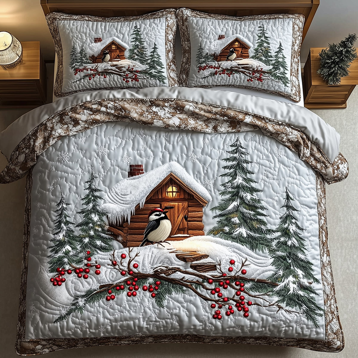 Christmas Cozy Cabin 3-Piece Quilted Bedding Set - Design 1 — quilt and two matching pillow shams