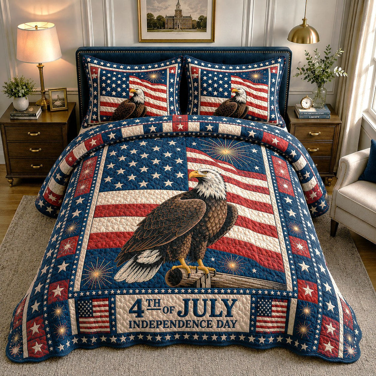 Bald Eagle 4th of July 3-Piece Quilted Bedding Set — quilt and two matching pillow shams