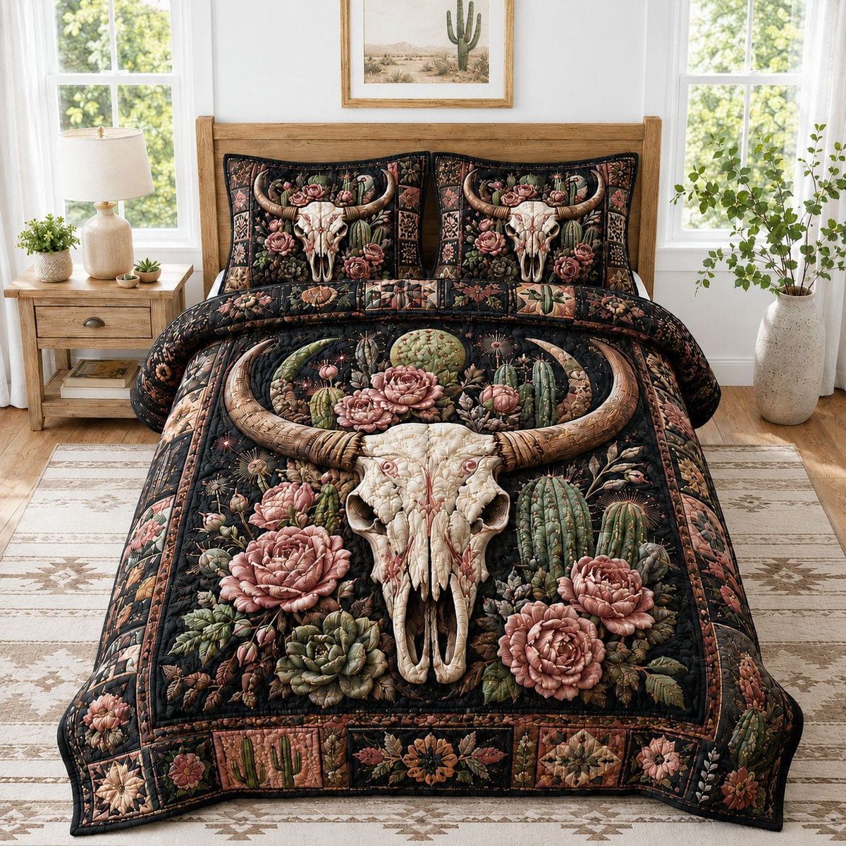 Desert Cactus Rose Longhorn Skull 3-Piece Quilted Bedding Set — quilt and two matching pillow shams
