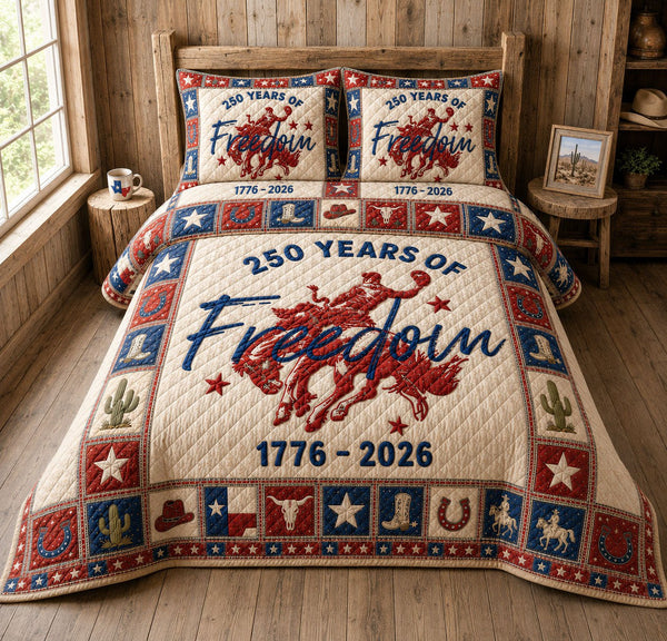 250 Years Of Freedom Rodeo quilted 3-piece bedding set on a made bed in a warmly lit bedroom