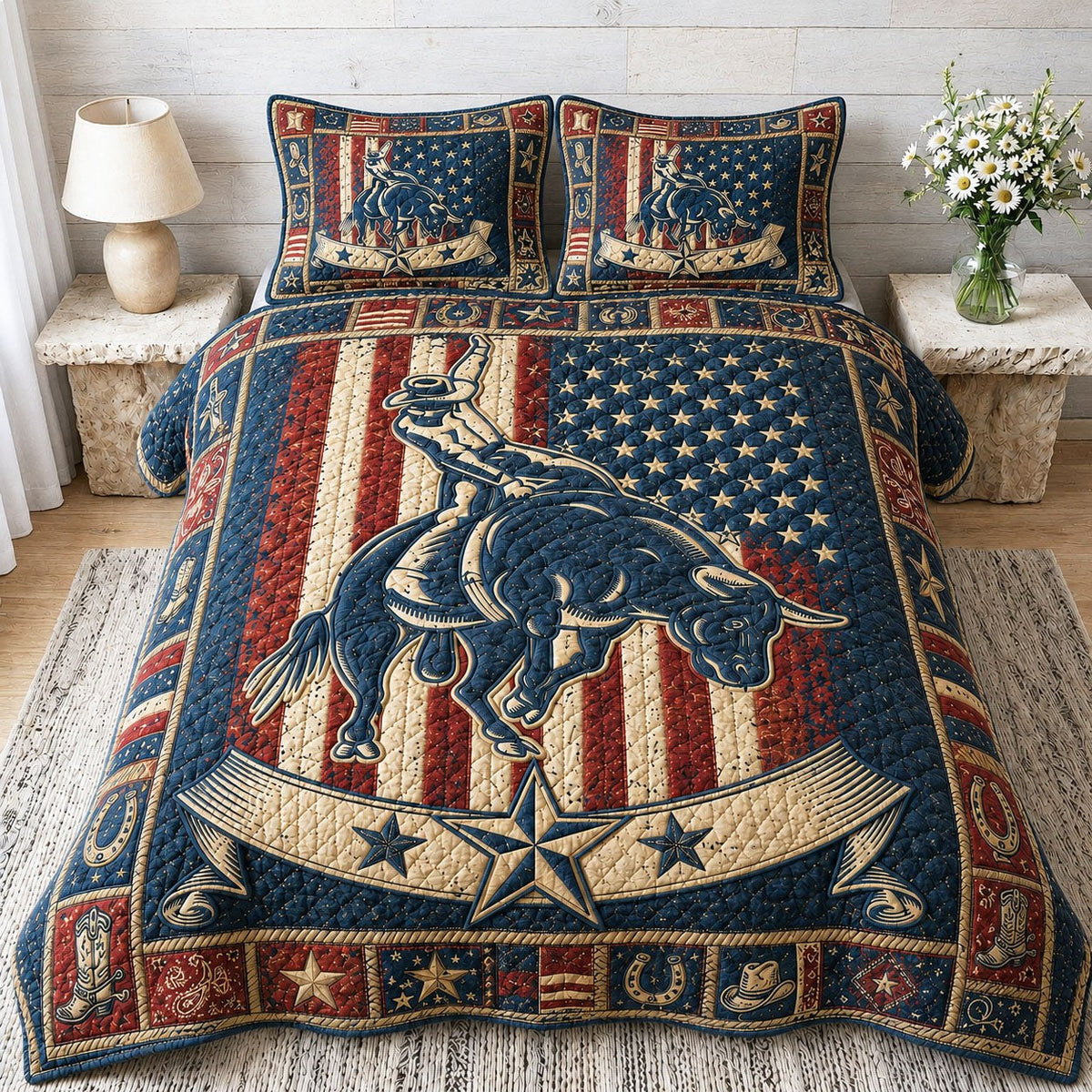 American Bull Rider 3-Piece Quilted Bedding Set — quilt and two matching pillow shams
