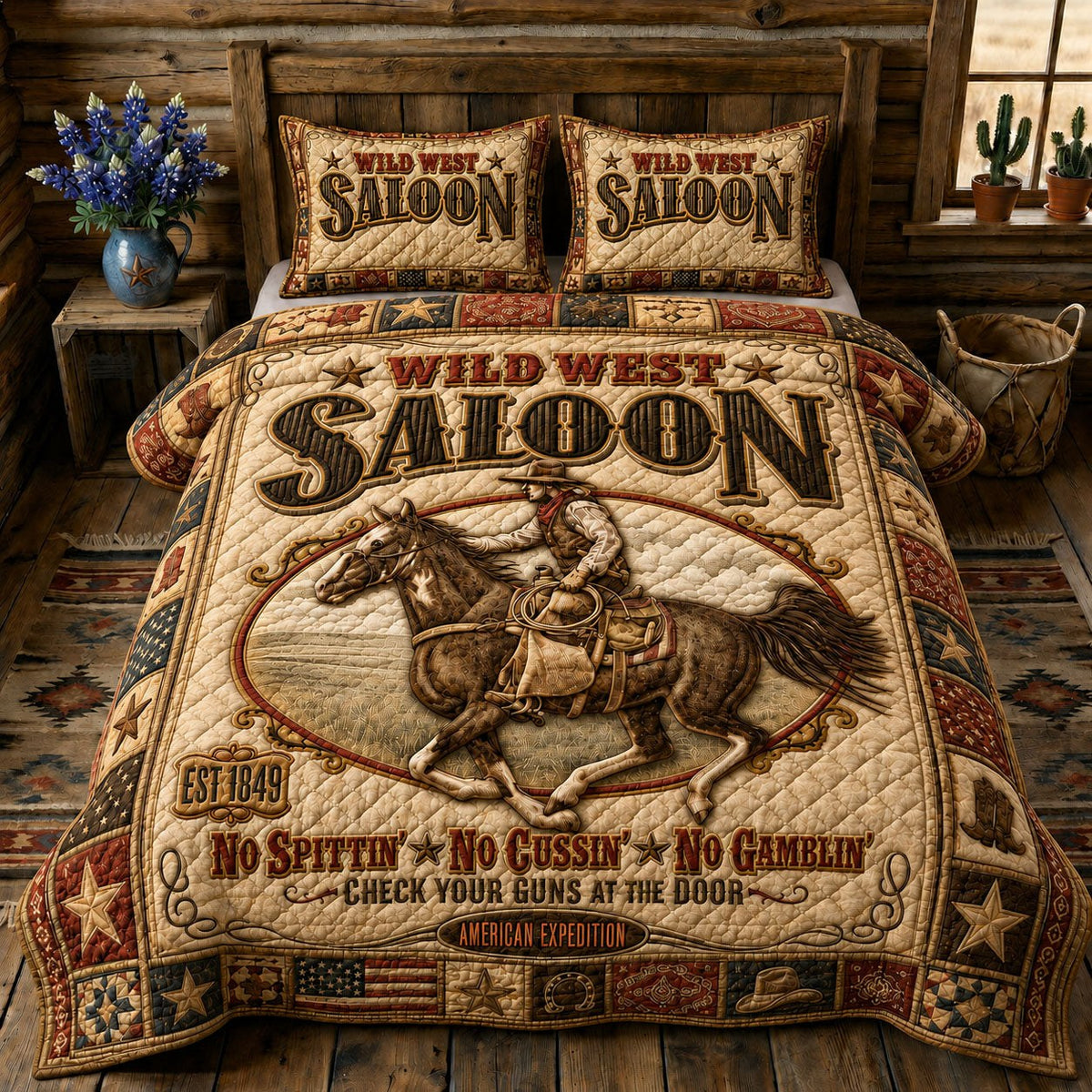 Classic Cowboy Saloon 3-Piece Quilted Bedding Set — quilt and two matching pillow shams