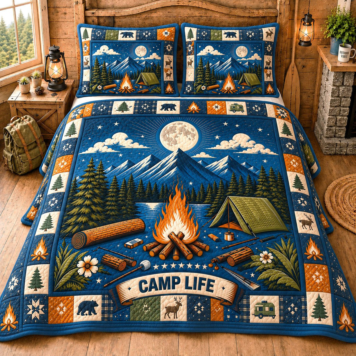 Camp Life 3-Piece Quilted Bedding Set - Design 1 — quilt and two matching pillow shams