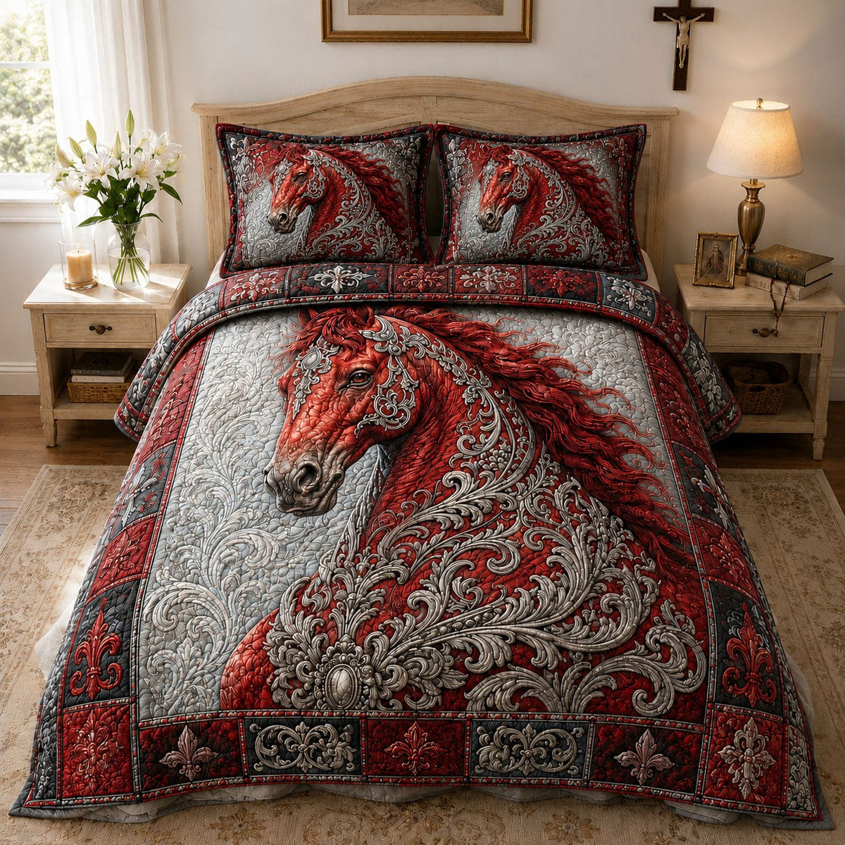 Crimson Filigree Arabian Stallion 3-Piece Quilted Bedding Set — quilt and two matching pillow shams