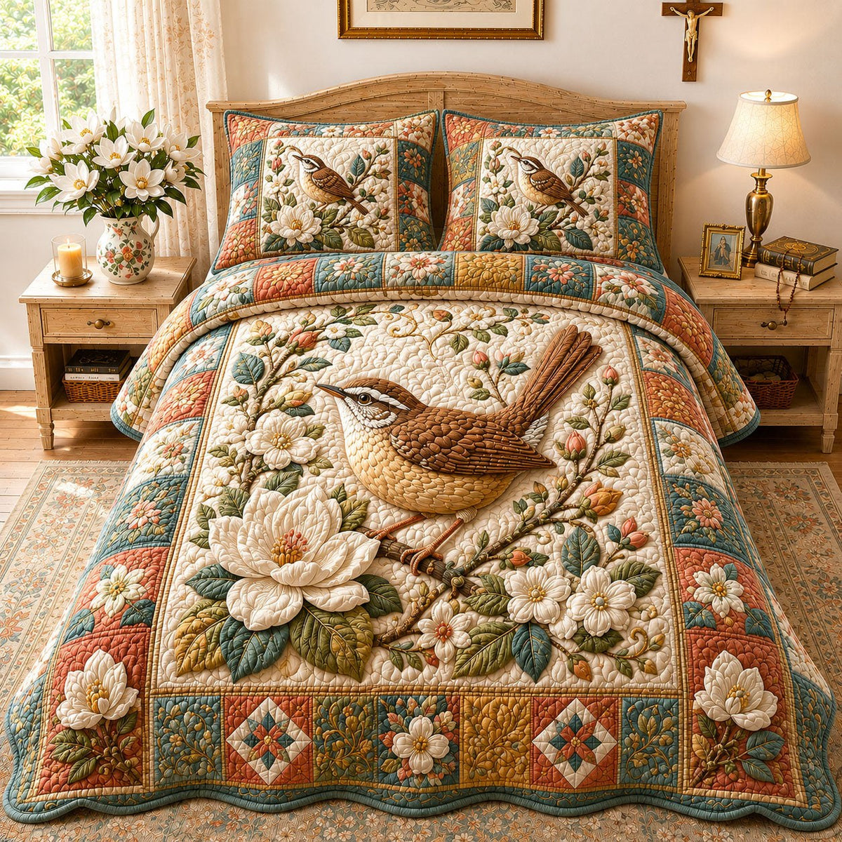 Faithful Magnolia Wren 3-Piece Quilted Bedding Set — quilt and two matching pillow shams
