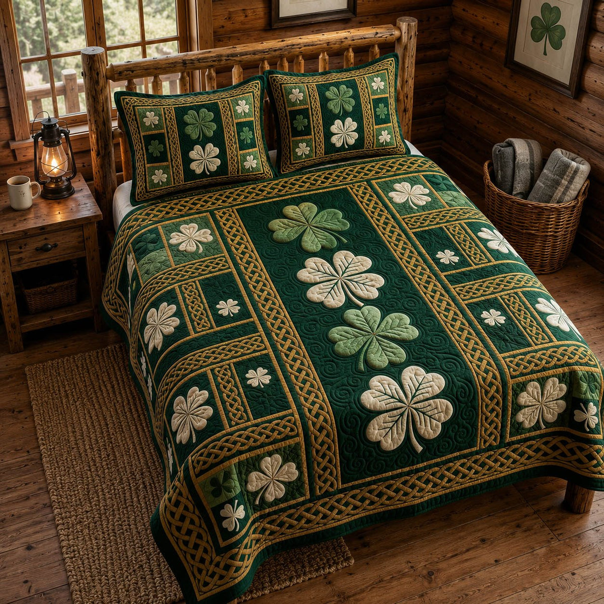 Celtic Shamrock 3-Piece Quilted Bedding Set - Design 1 — quilt and two matching pillow shams