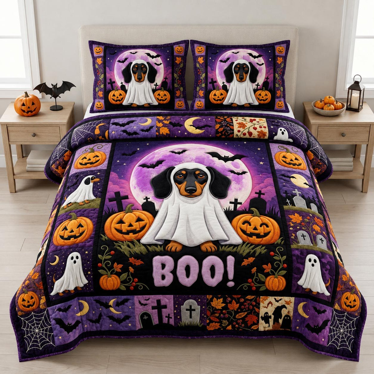 Dachshund Halloween 3-Piece Quilted Bedding Set - Design 2 — quilt and two matching pillow shams