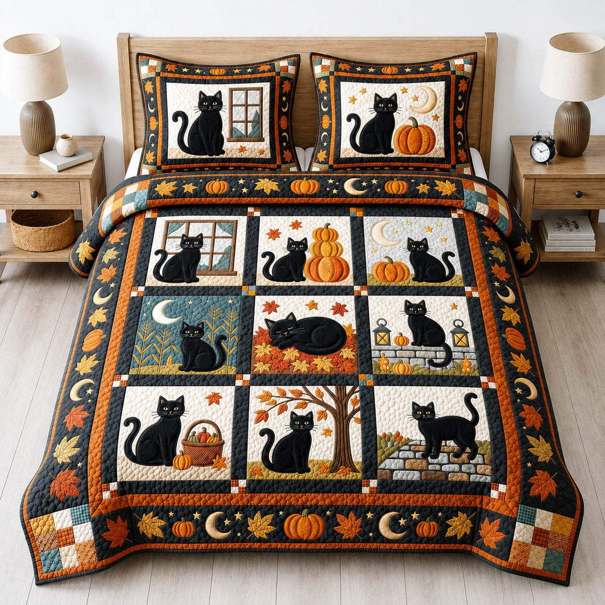 Cat Pumpkin Patch 3-Piece Quilted Bedding Set - Design 3 — quilt and two matching pillow shams
