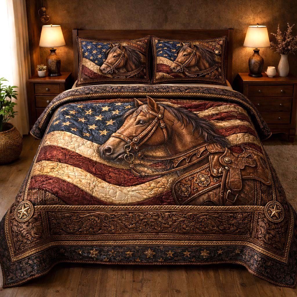 Country Horse 3-Piece Quilted Bedding Set - Design 1 — quilt and two matching pillow shams