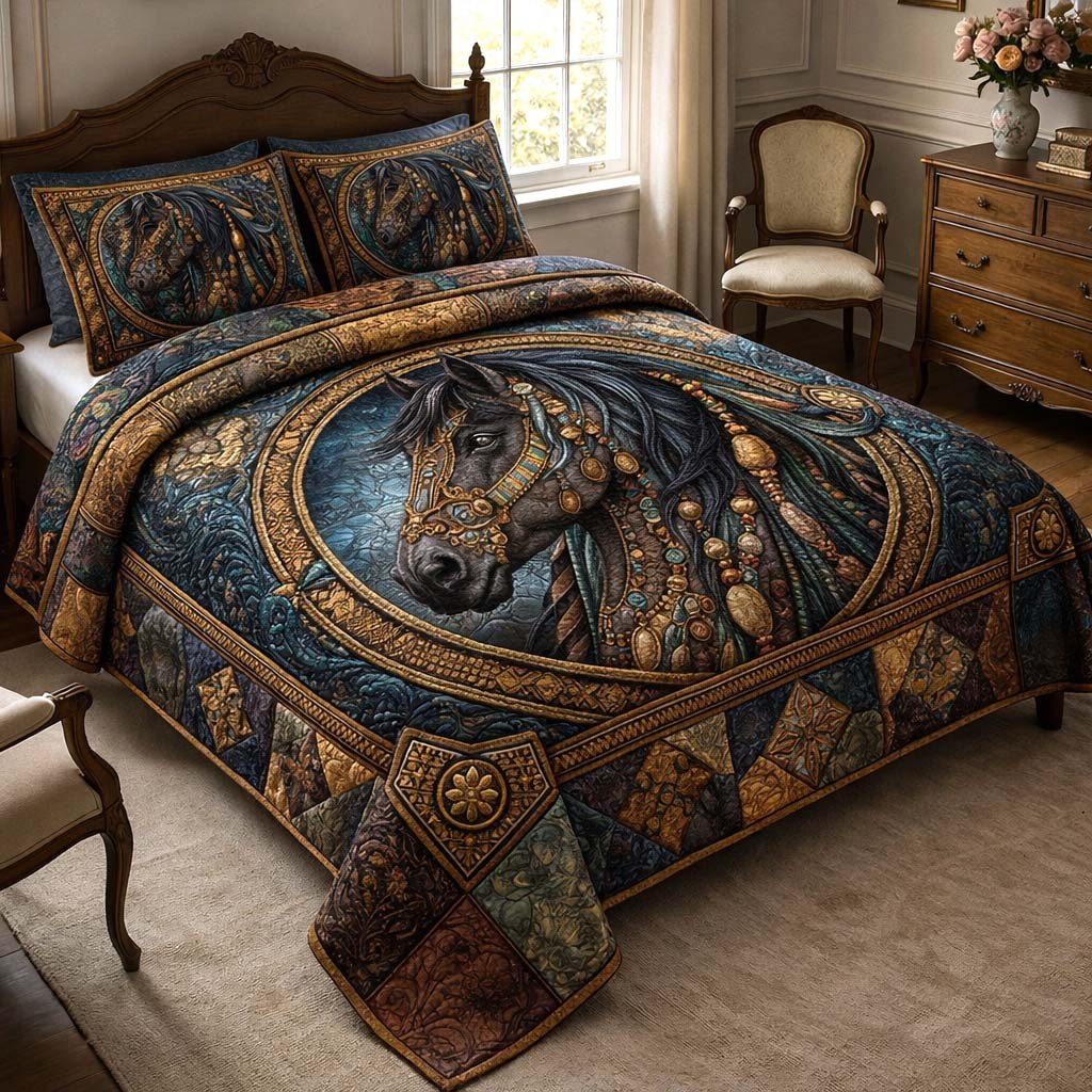 Country Horse 3-Piece Quilted Bedding Set - Design 2 — quilt and two matching pillow shams