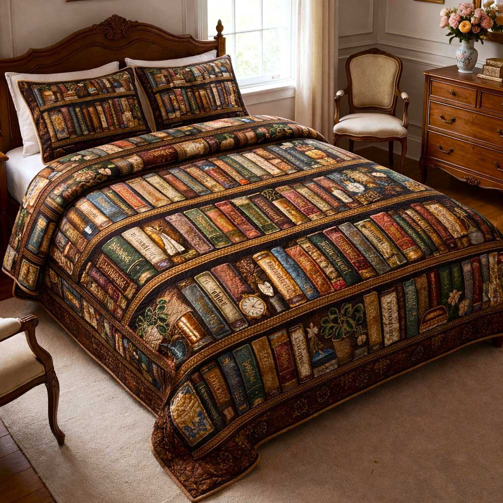 Floral Bookshelf 3-Piece Quilted Bedding Set - Design 1 — quilt and two matching pillow shams