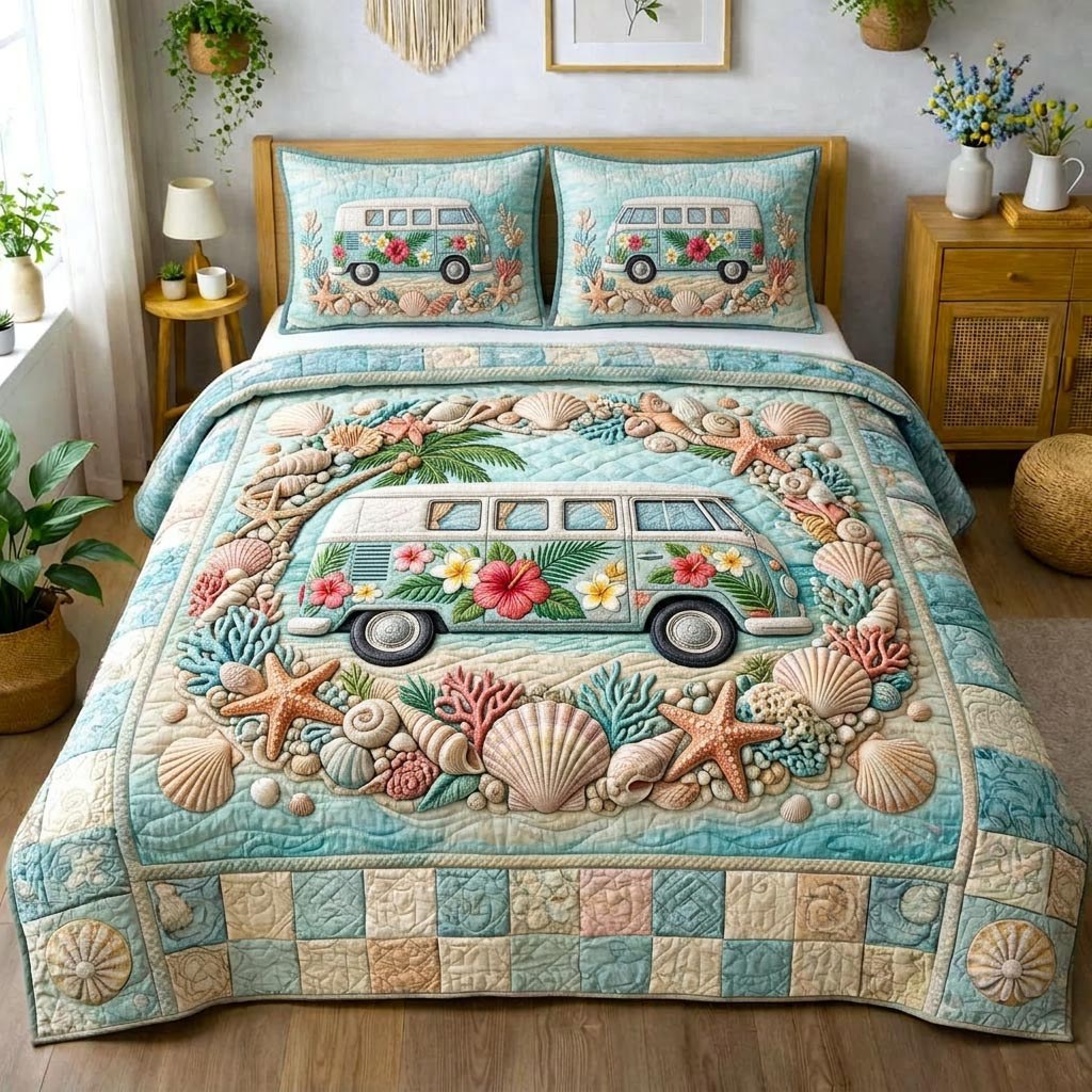 Beachside 3-Piece Quilted Bedding Set - Design 6 — quilt and two matching pillow shams