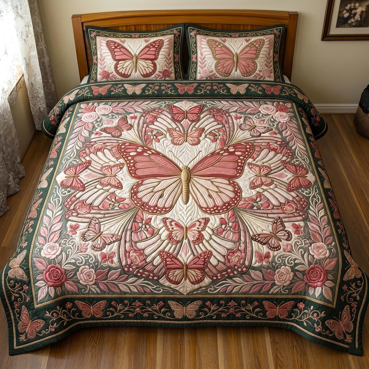 Butterfly Dream 3-Piece Quilted Bedding Set - Design 6 — quilt and two matching pillow shams