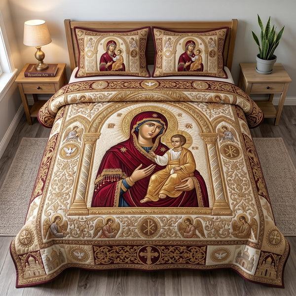 Blessed Mother quilted 3-piece bedding set on a made bed in a softly lit bedroom
