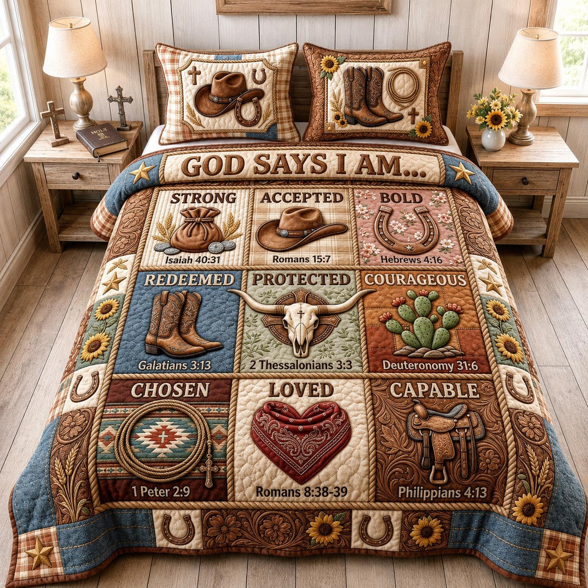 Cowboy Faith 3-Piece Quilted Bedding Set - Design 4 — quilt and two matching pillow shams