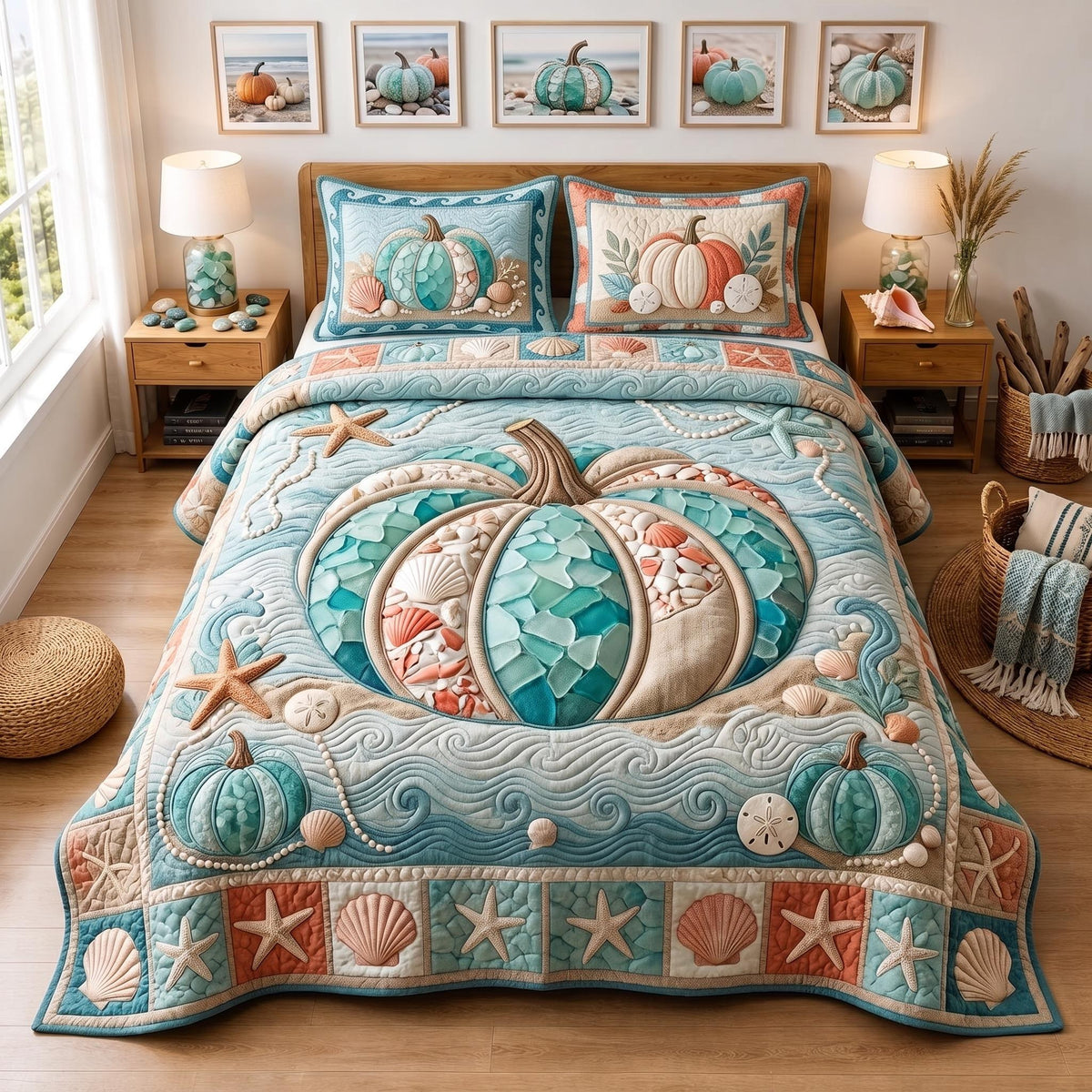 Coastal Pumpkin 3-Piece Quilted Bedding Set — quilt and two matching pillow shams