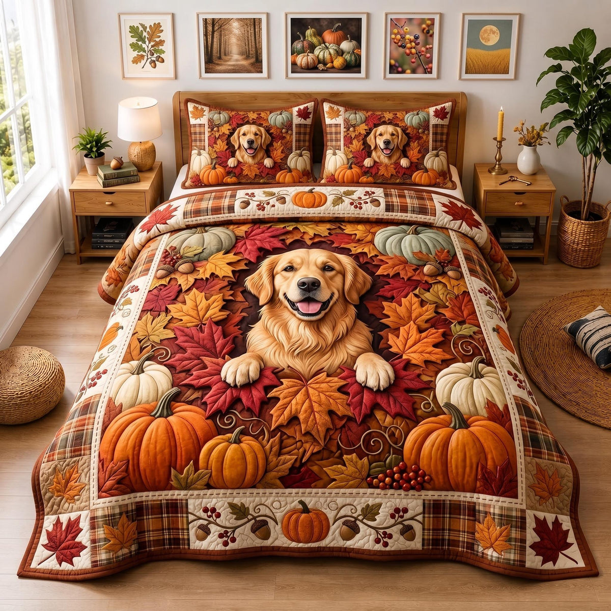 Autumn Golden 3-Piece Quilted Bedding Set — quilt and two matching pillow shams