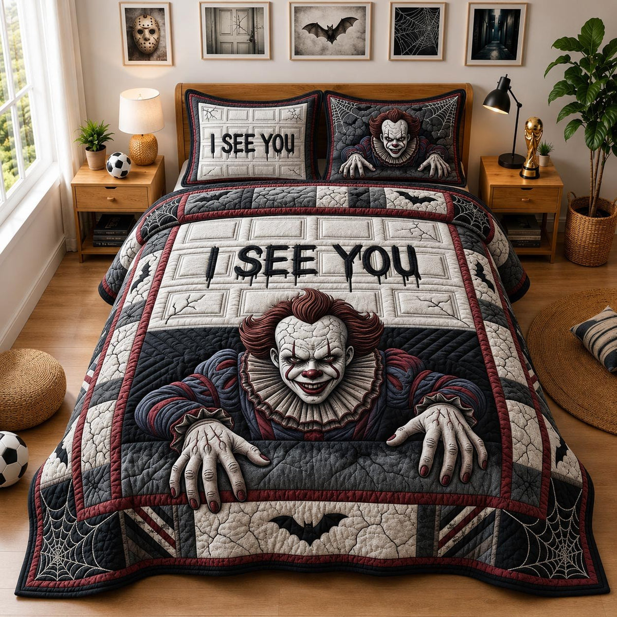 Creepy Clown 3-Piece Quilted Bedding Set - Design 1 — quilt and two matching pillow shams