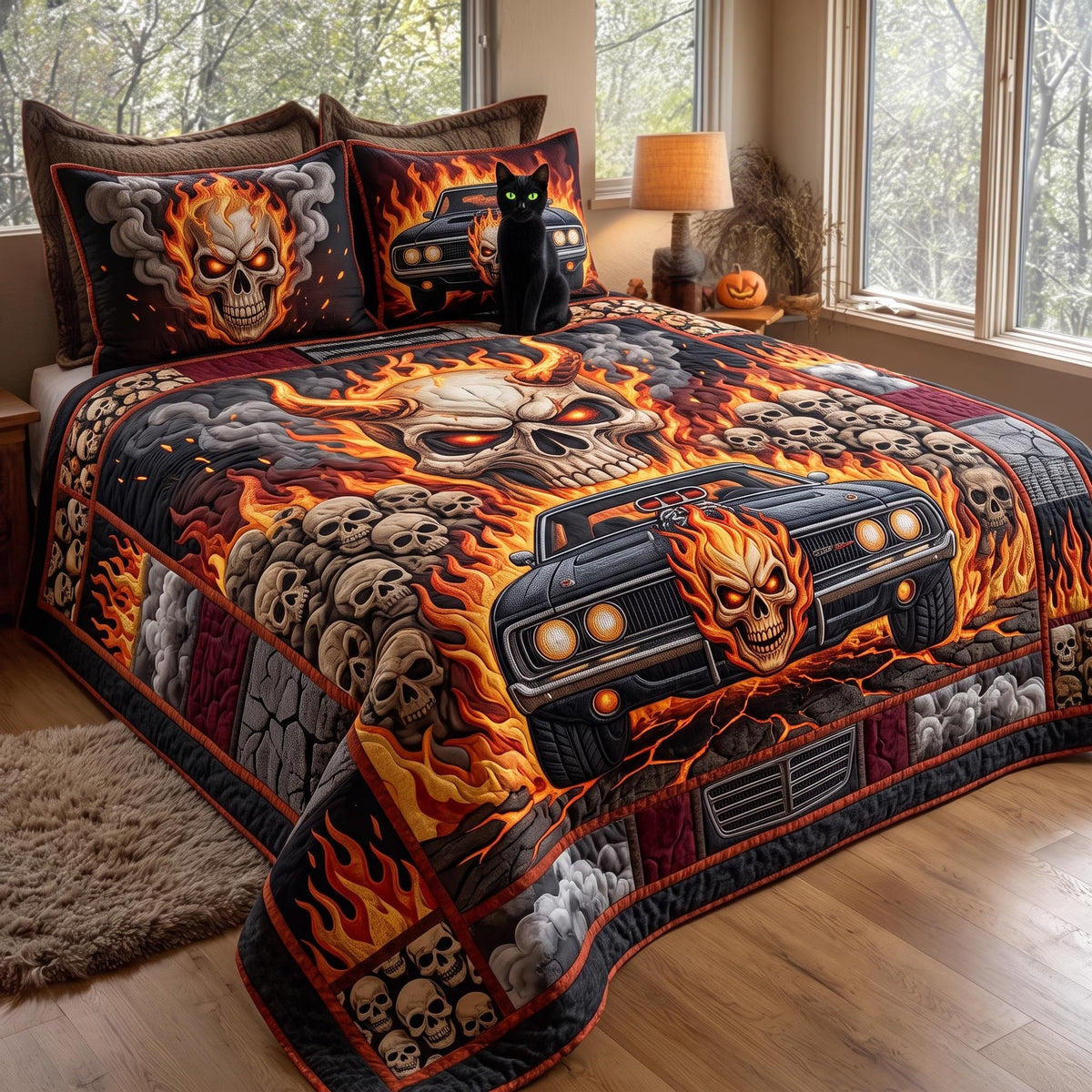 Flaming Skull 3-Piece Quilted Bedding Set — quilt and two matching pillow shams