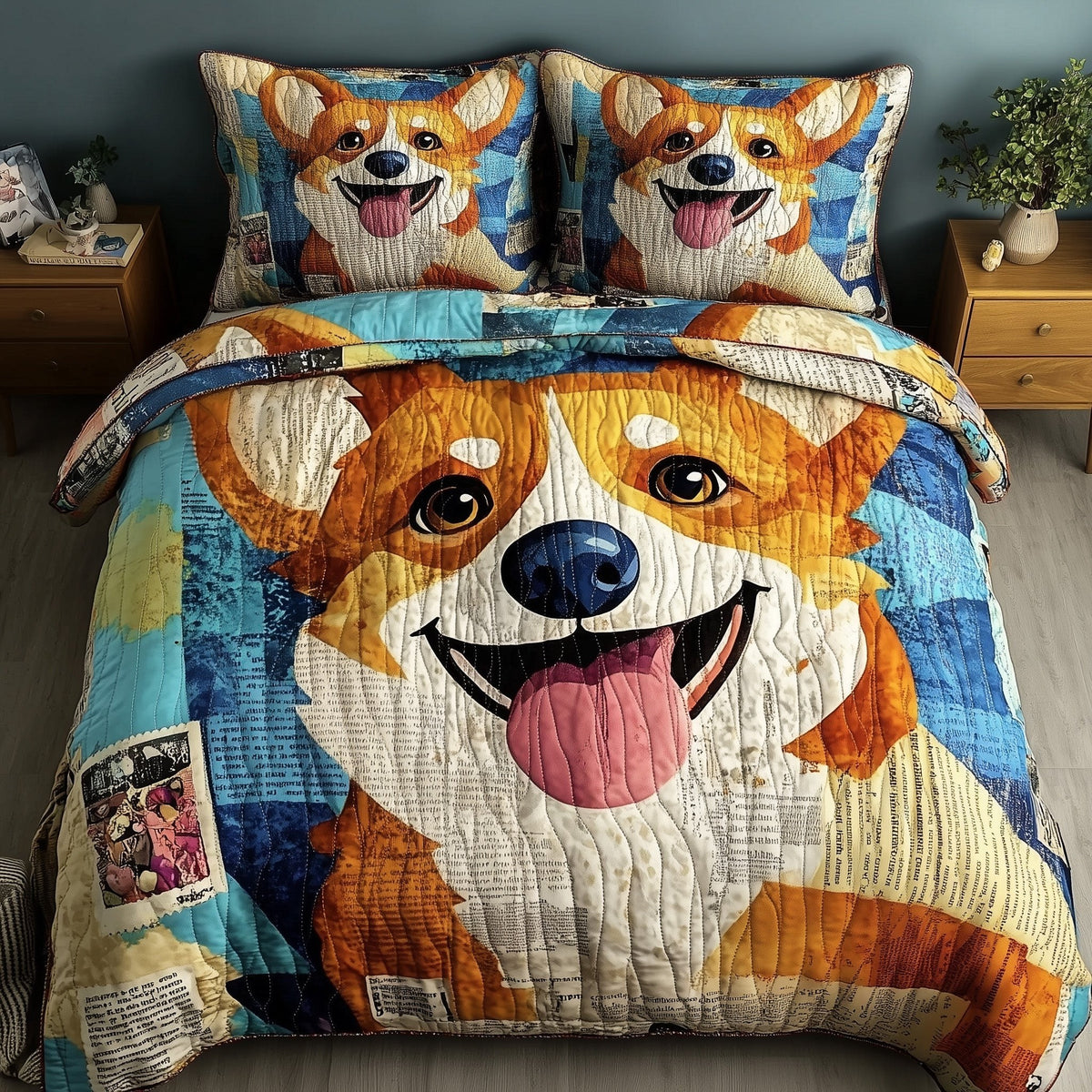 Corgi 3-Piece Quilted Bedding Set - Design 1 — quilt and two matching pillow shams