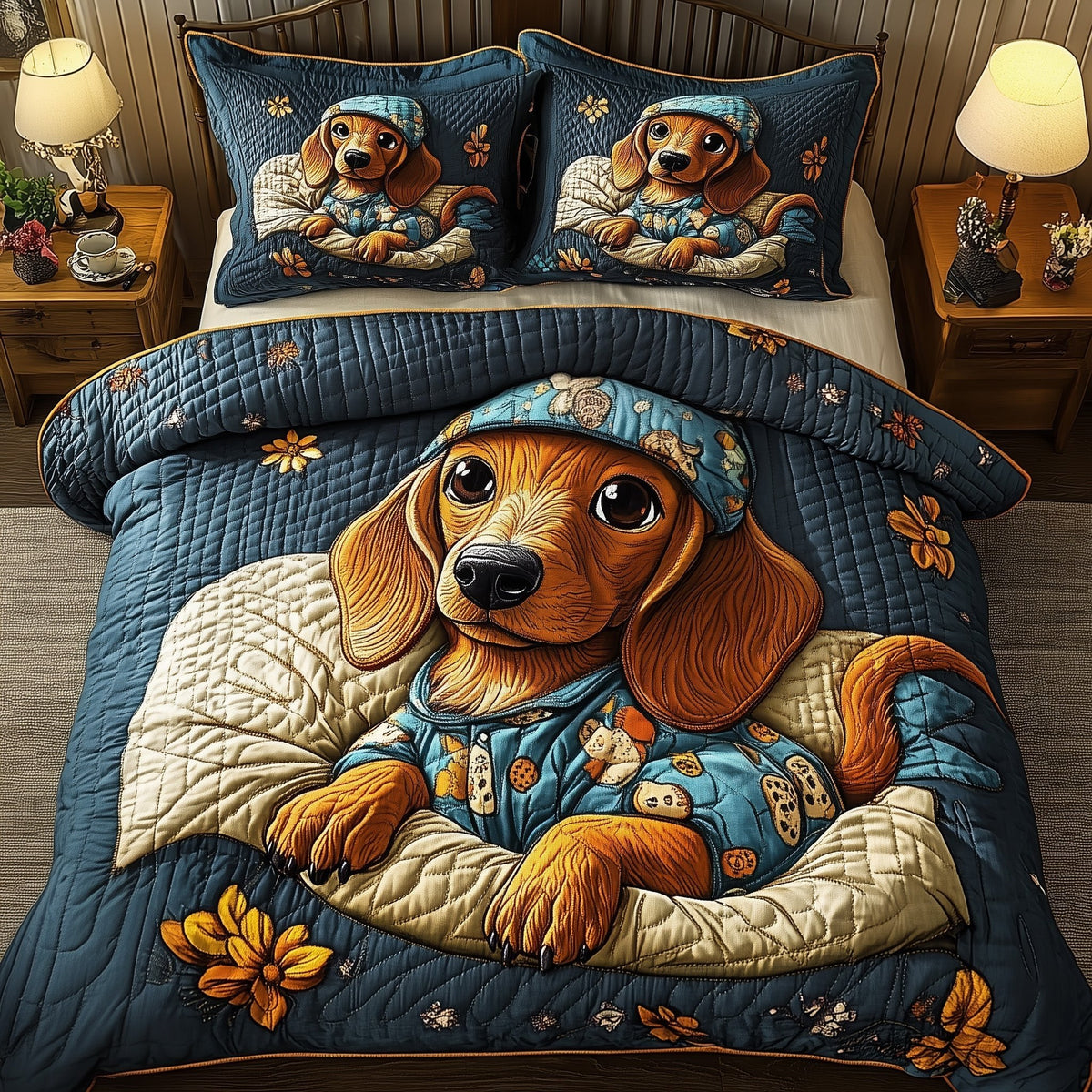 Dachshund 3-Piece Quilted Bedding Set - Design 3 — quilt and two matching pillow shams