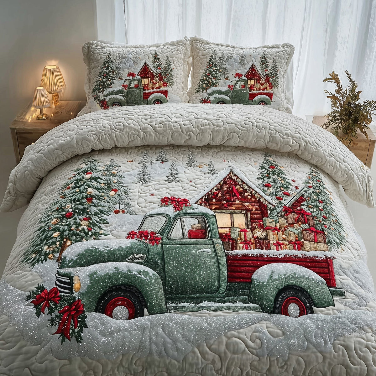 Christmas Truck 3-Piece Quilted Bedding Set - Design 1 — quilt and two matching pillow shams