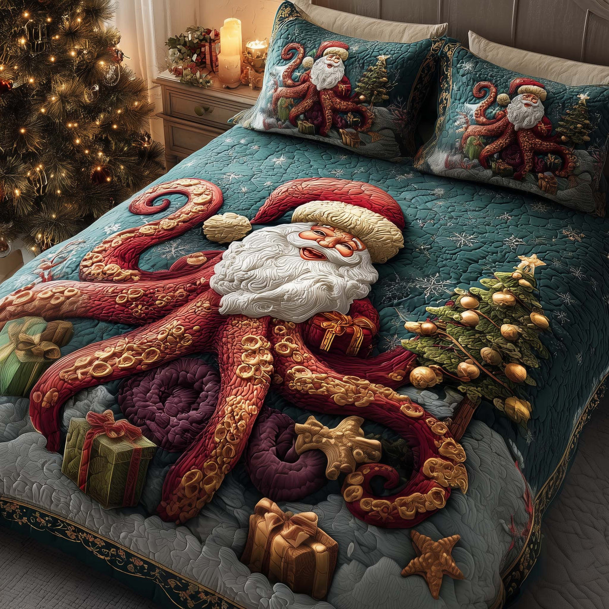 Festive Octopus 3-Piece Quilted Bedding Set - Design 4 — quilt and two matching pillow shams