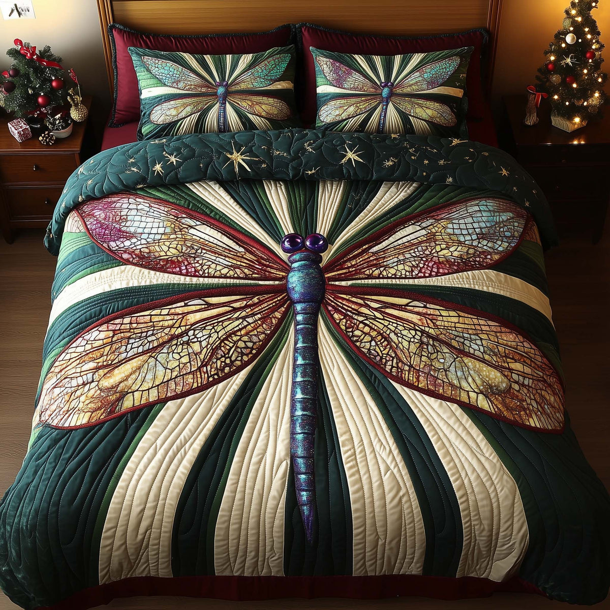 Dragonfly 3-Piece Quilted Bedding Set - Design 4 — quilt and two matching pillow shams