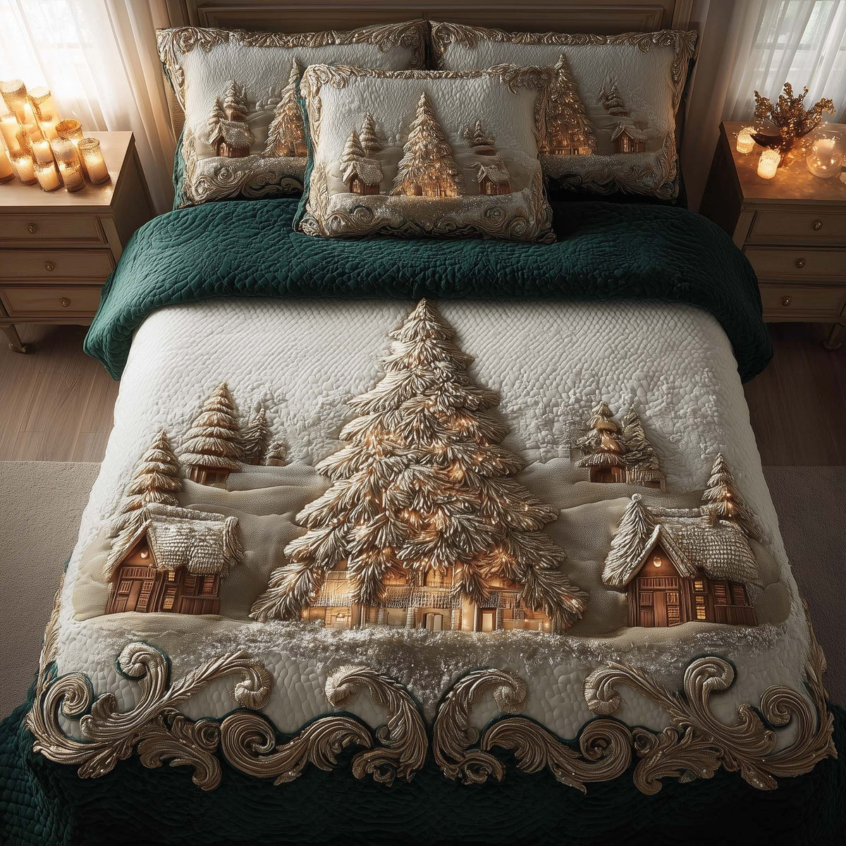 Evergreen Charm 3-Piece Quilted Bedding Set - Design 3 — quilt and two matching pillow shams