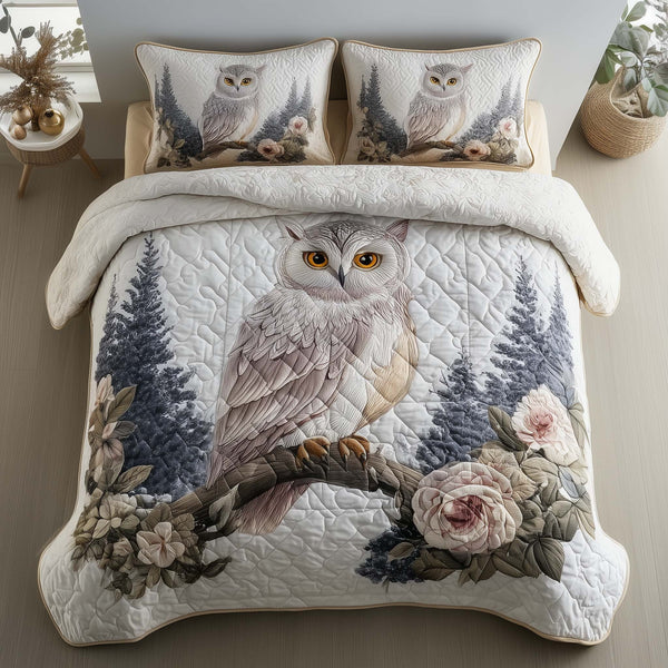 Celestial Owl quilted 3-piece bedding set on a made bed with two matching pillow shams