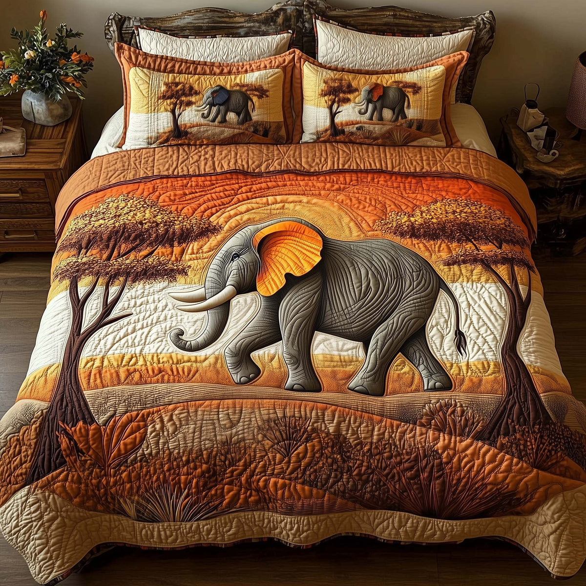 Elephant 3-Piece Quilted Bedding Set - Design 2 — quilt and two matching pillow shams