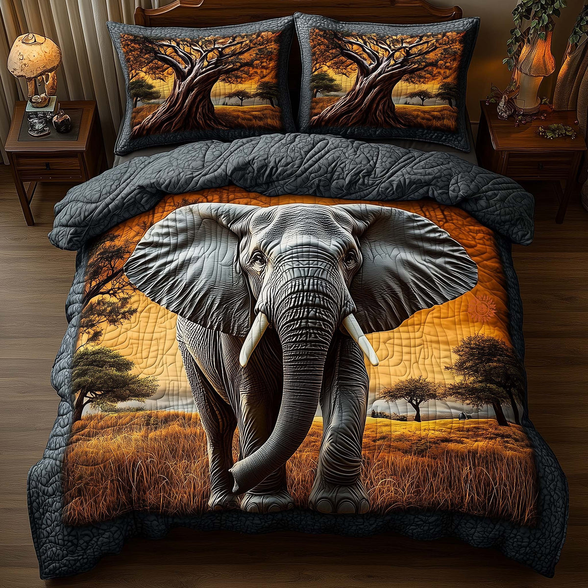Elephant 3-Piece Quilted Bedding Set - Design 5 — quilt and two matching pillow shams
