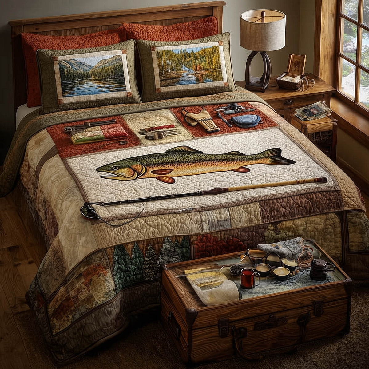 Fishing Delights 3-Piece Quilted Bedding Set - Design 7 — quilt and two matching pillow shams