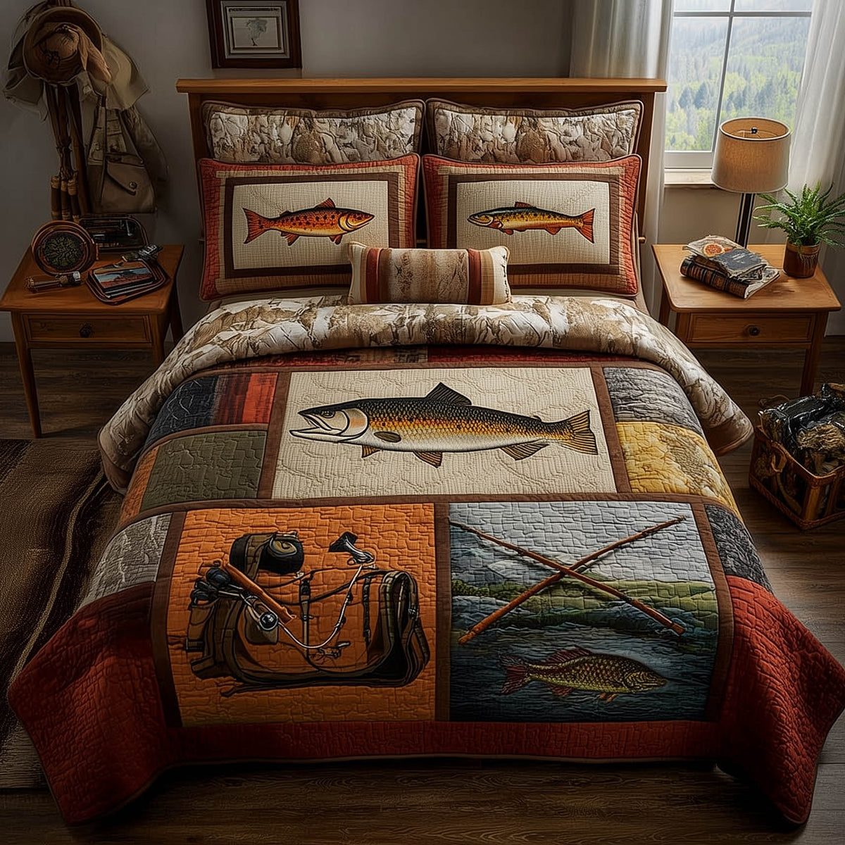 Fishing Delights 3-Piece Quilted Bedding Set - Design 8 — quilt and two matching pillow shams