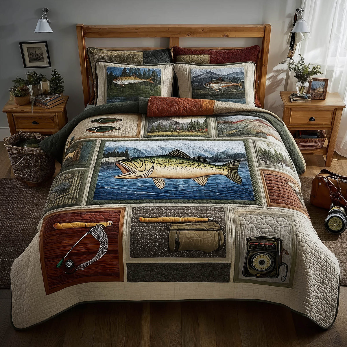 Fishing Delights 3-Piece Quilted Bedding Set - Design 9 — quilt and two matching pillow shams