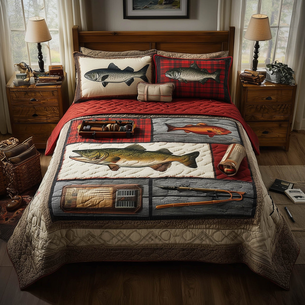 Fishing Delights 3-Piece Quilted Bedding Set - Design 12 — quilt and two matching pillow shams