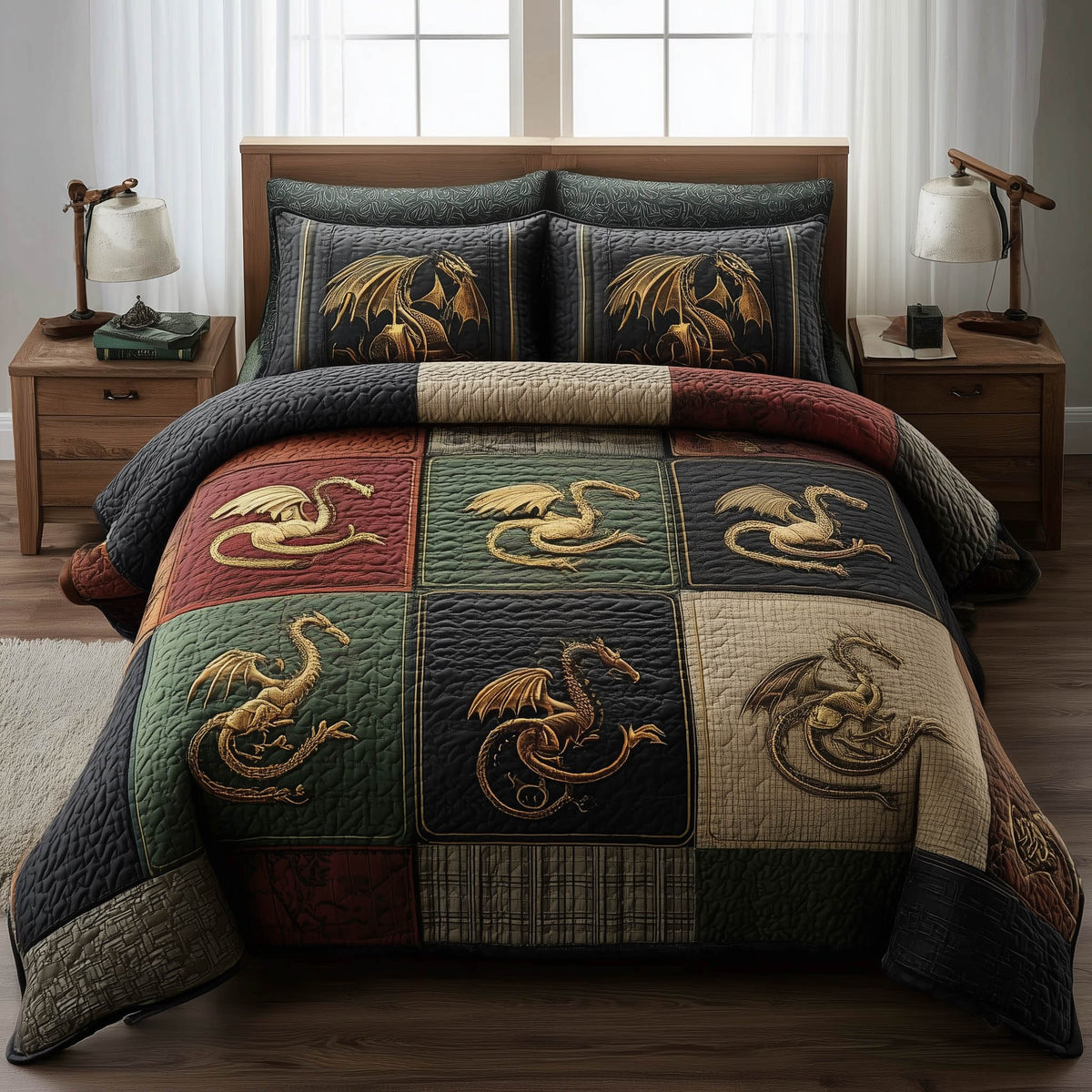 Dragon 3-Piece Quilted Bedding Set - Design 7 — quilt and two matching pillow shams