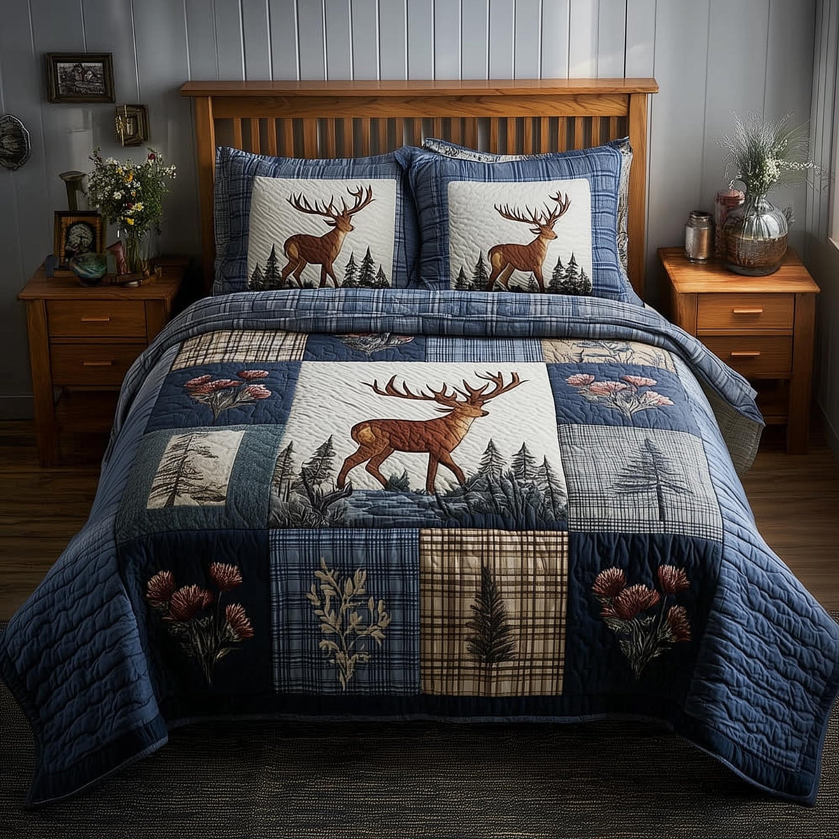 Deer 3-Piece Quilted Bedding Set - Design 3 — quilt and two matching pillow shams