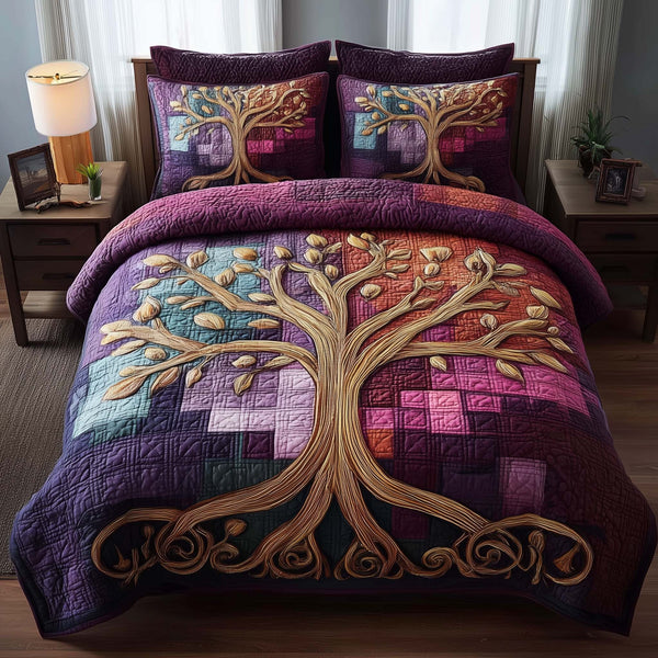 Celestial Tree quilted 3-piece bedding set on a made bed with two matching pillow shams