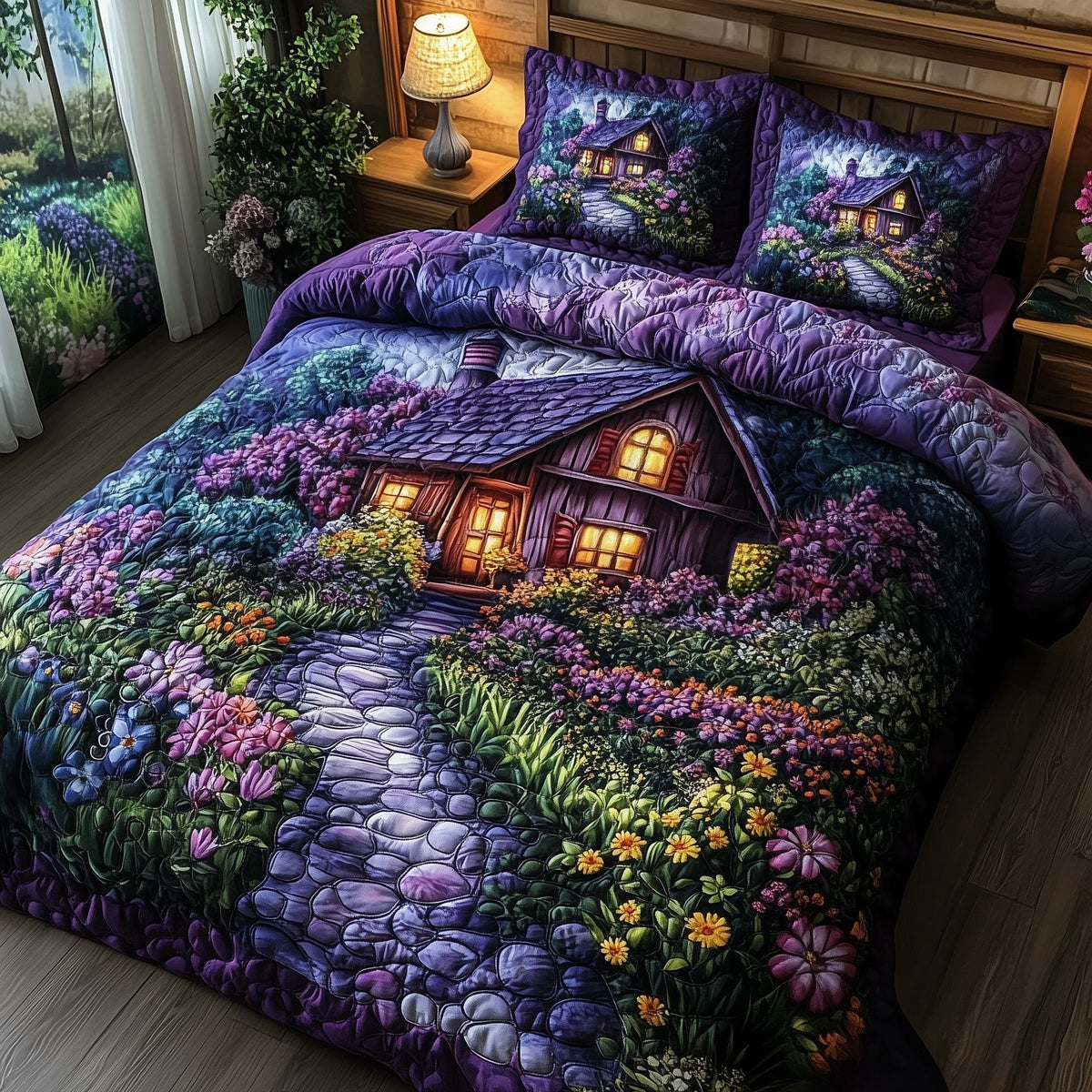 Fairytale Cottage 3-Piece Quilted Bedding Set - Design 1 — quilt and two matching pillow shams