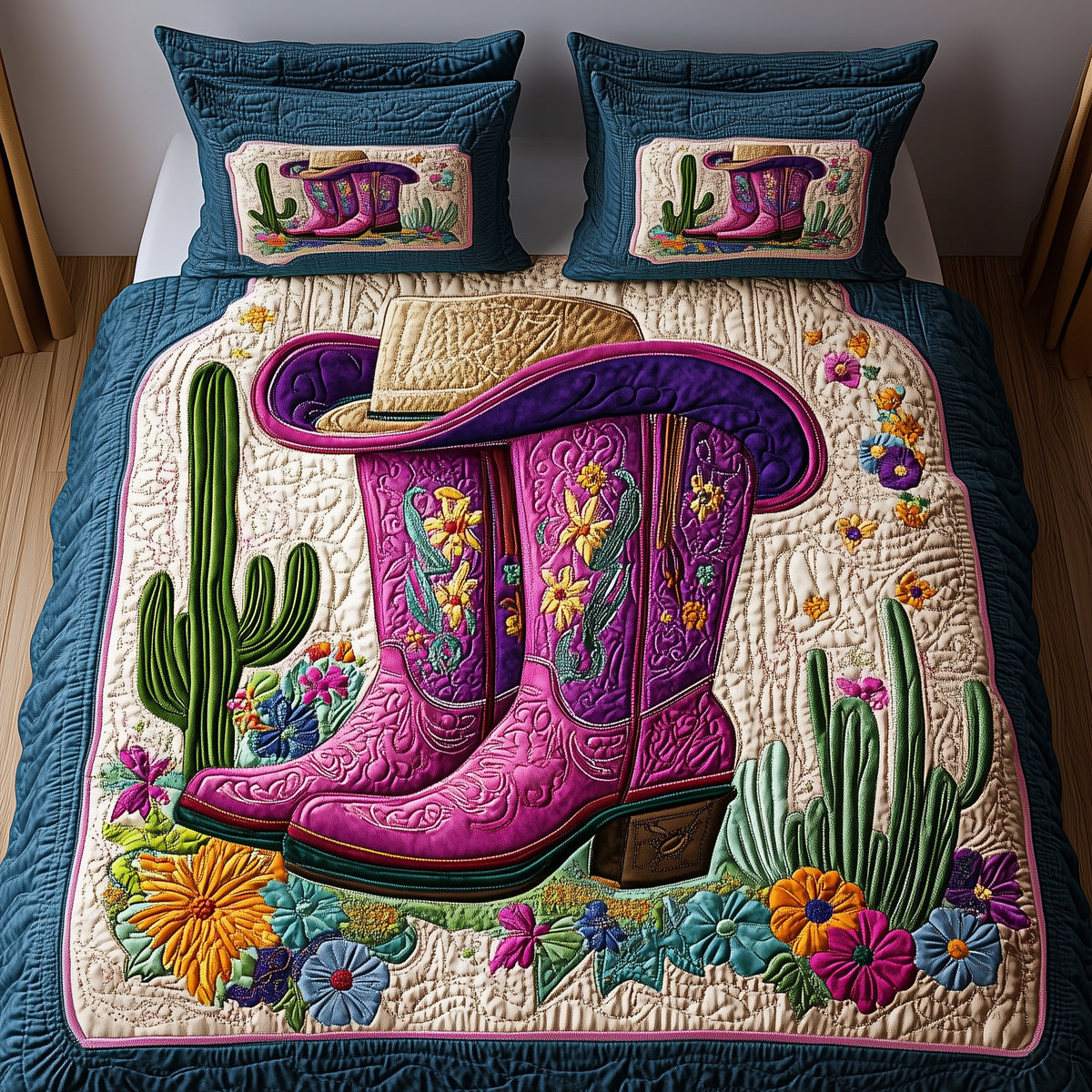 Cactus Cowboy Boot 3-Piece Quilted Bedding Set - Design 1 — quilt and two matching pillow shams