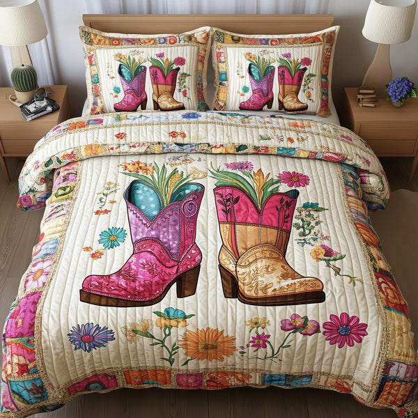 Elegant Cowboy Boot quilted 3-piece bedding set on a made bed in a rustic timber bedroom