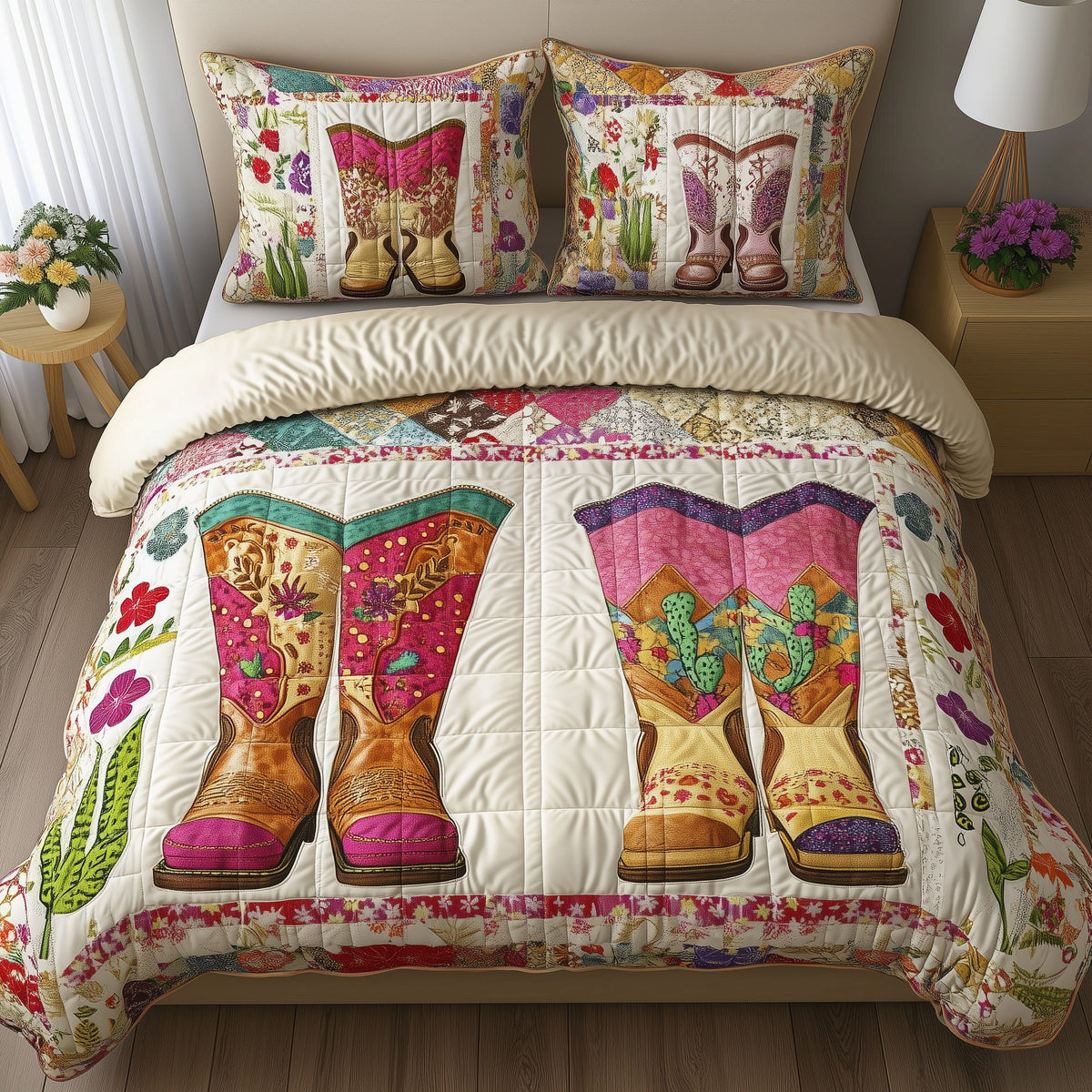 Elegant Cowboy Boot 3-Piece Quilted Bedding Set - Design 5 — quilt and two matching pillow shams