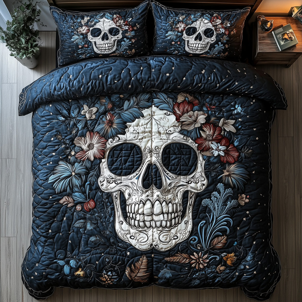 Cyan Vintage Skull 3-Piece Quilted Bedding Set - Design 1 — quilt and two matching pillow shams
