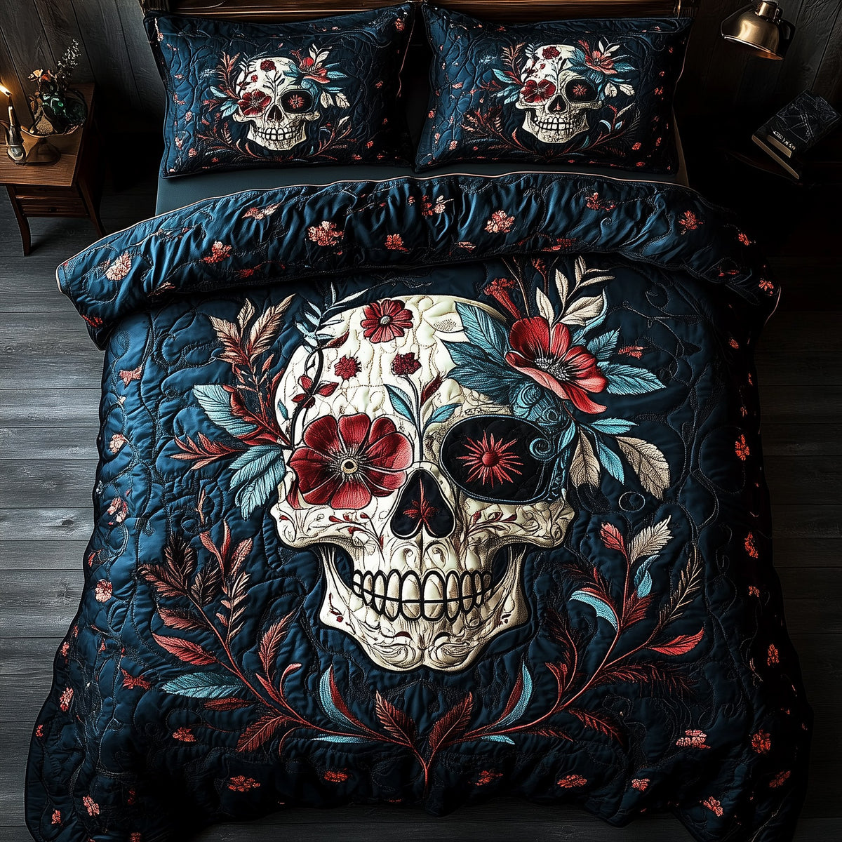 Cyan Vintage Skull 3-Piece Quilted Bedding Set - Design 2 — quilt and two matching pillow shams